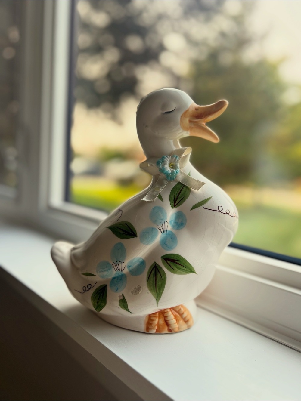 1970s Large Vintage Ceramic Duck or Goose Figurine, Hand Painted Florals